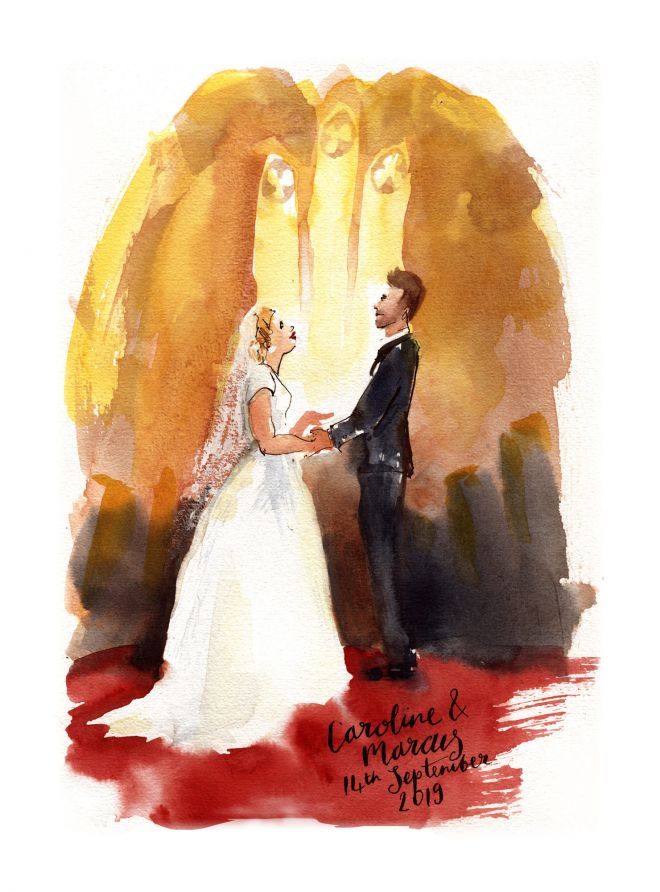 live painting of church marriage wedding ceremony uk artist watercolour sketch