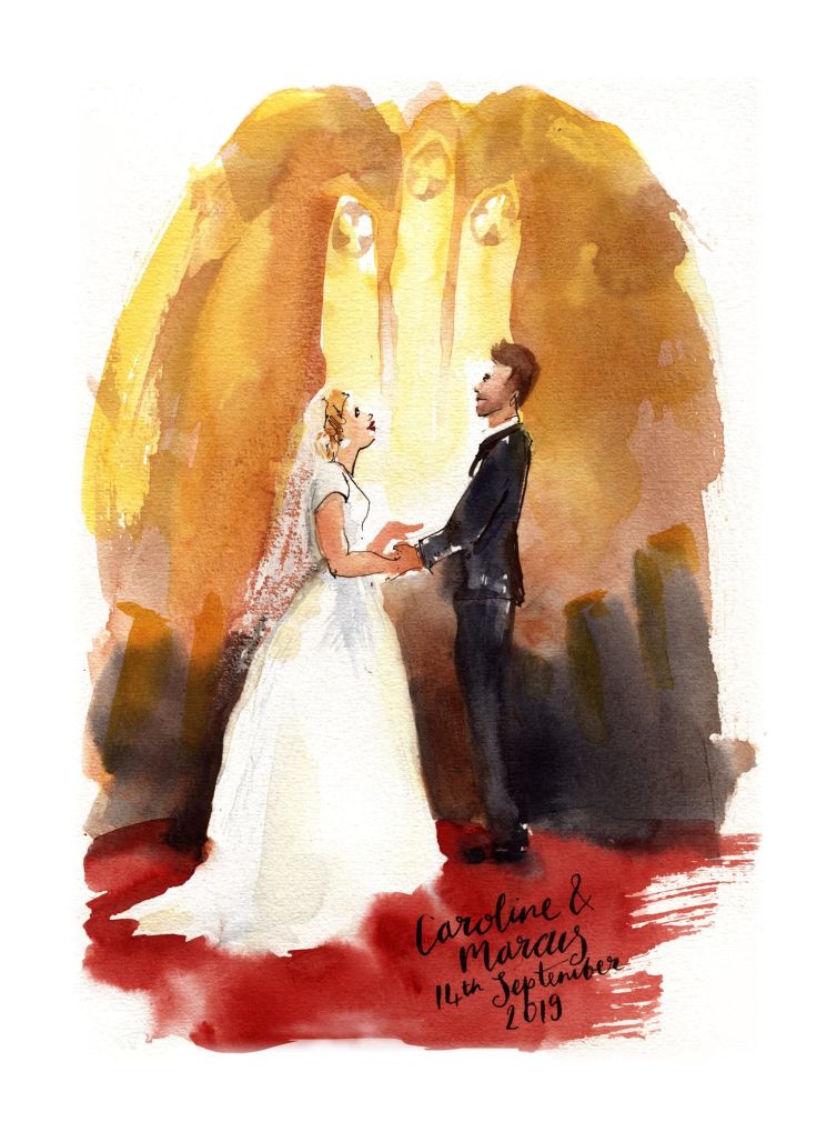 live painting of church marriage wedding ceremony uk artist watercolour sketch