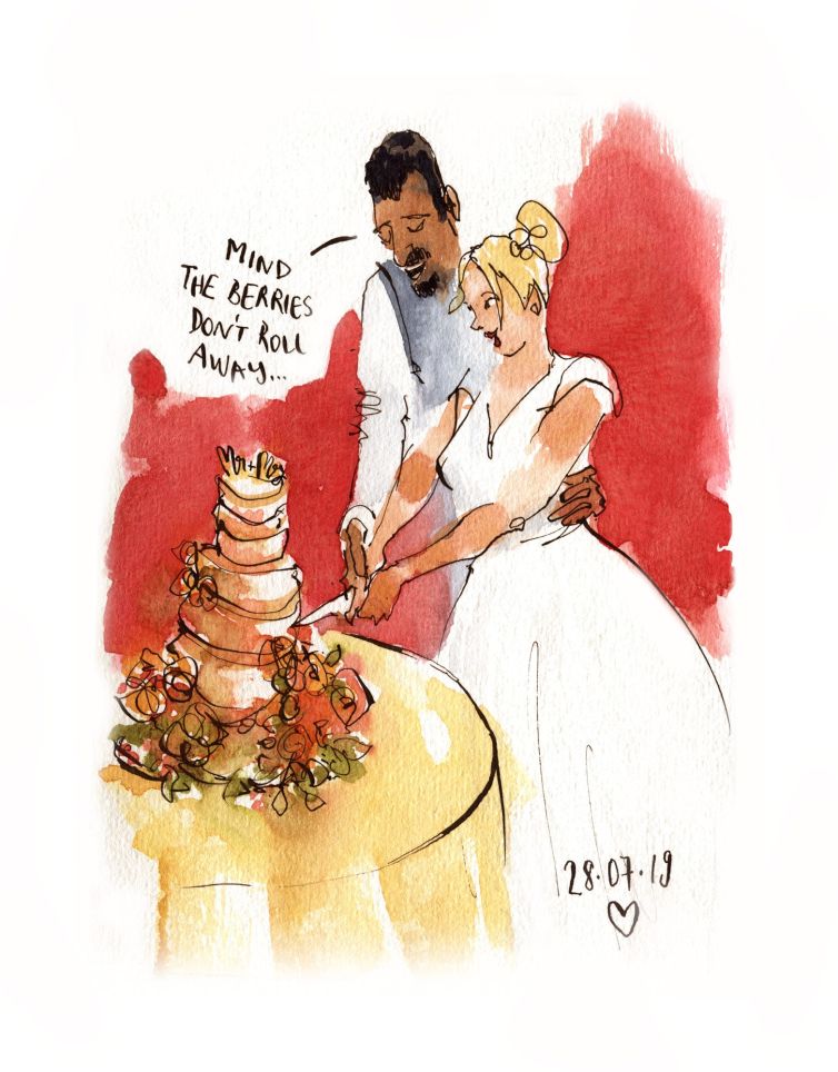live wedding illustration uk couple sketch of cutting the cake