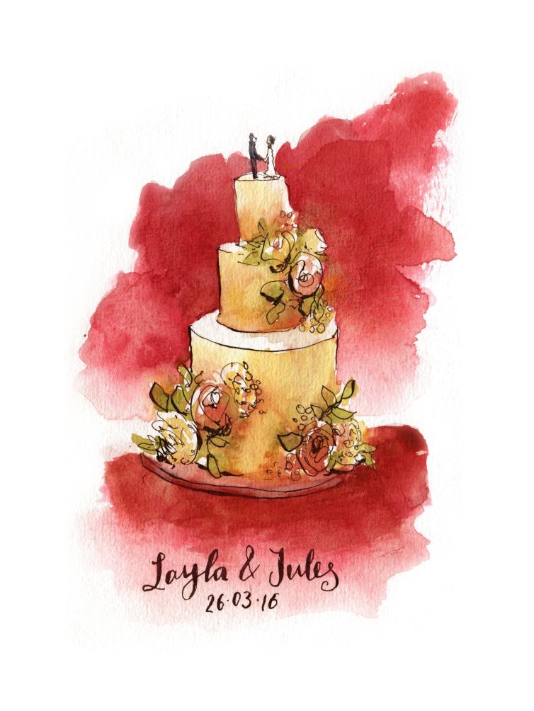live painting of wedding cake by uk sketch artist in watercolour paint